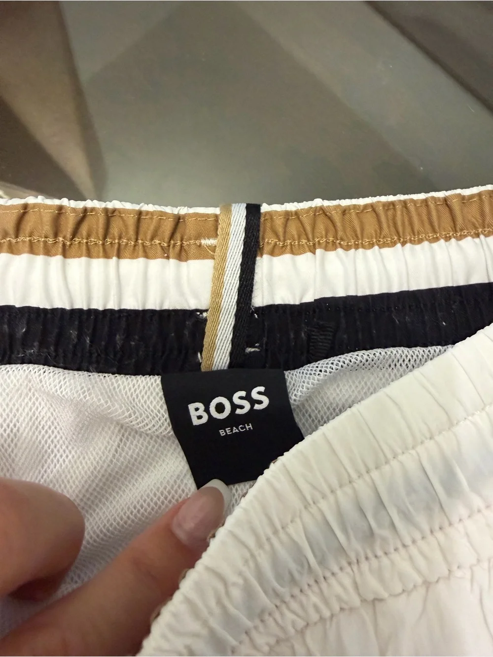 Boss White Swim Shorts with Black Logo and Drawcord